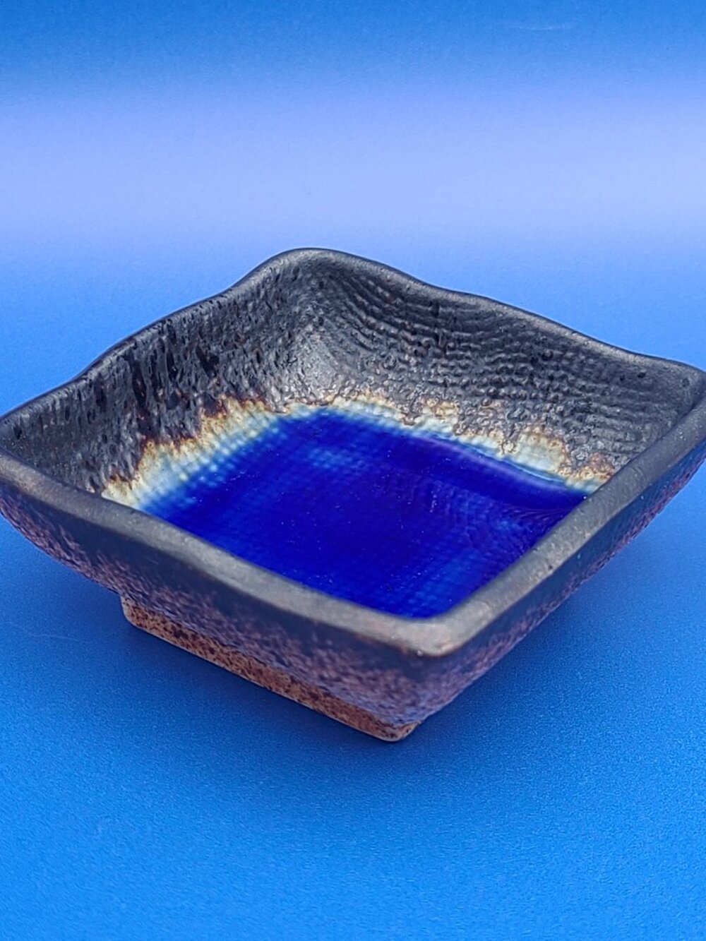 Kotobuki Japan Vintage Square Footed Crackled Trinket Dish BLUE 2.75"